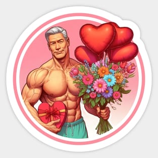 Flowers, chocolates, balloons of a muscular man Sticker